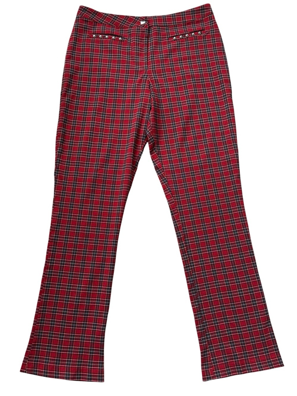 Rampage Y2K Red Tartan Plaid Studded Flare Pants Punk Grunge Holiday Sz 9 1990s